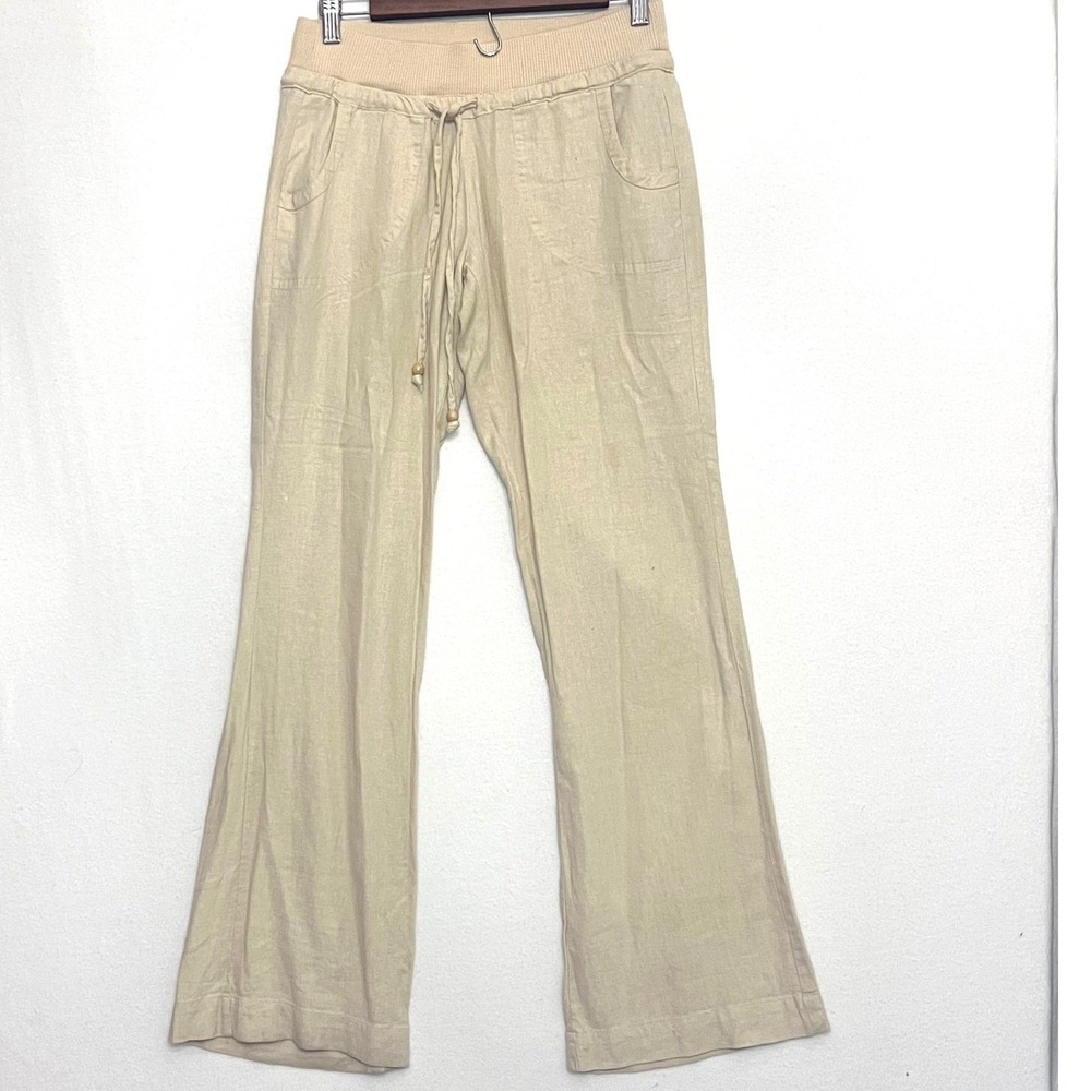 Love Tree Happy Beige Linen Blend Wide Leg Drawstring Pants Small Coastal Casual